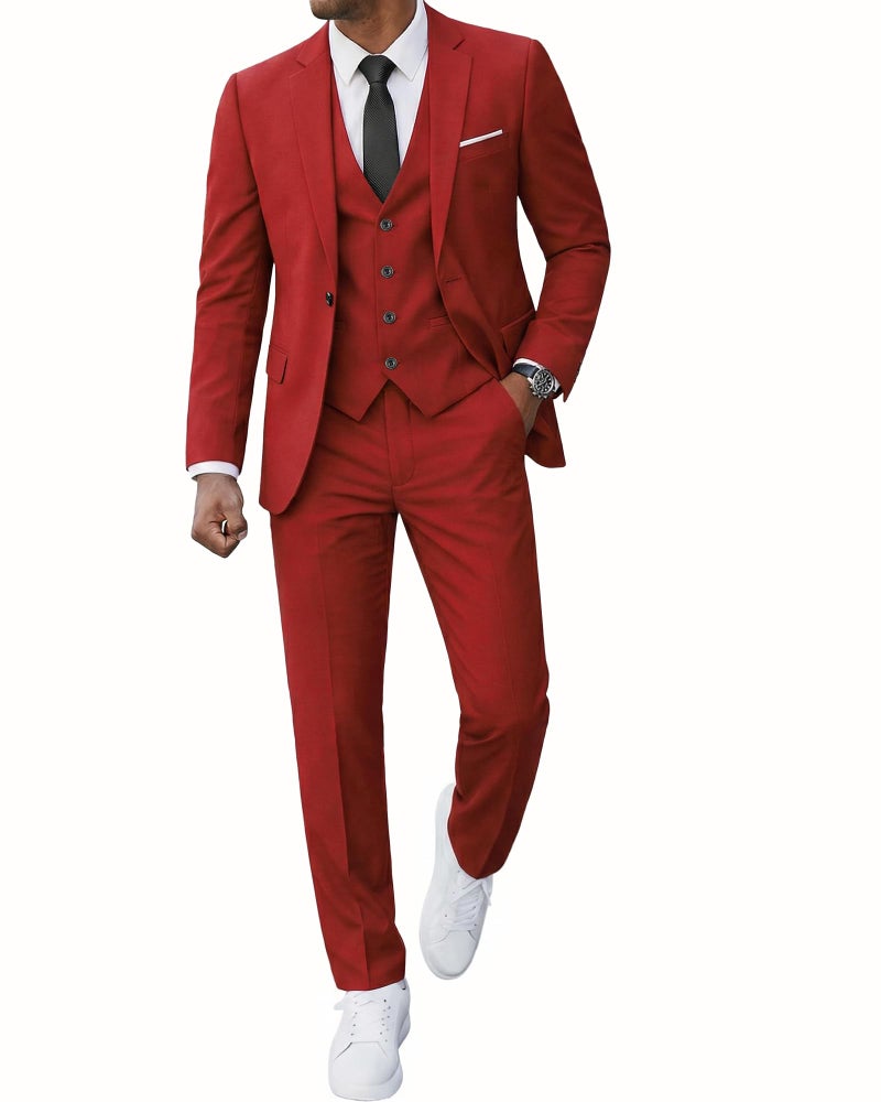 YND Men's 3 Piece Slim Fit Suit, One Button Solid Jacket Vest Pants Set with Tie, for Wedding Party Proms and Business, Red - Image 1